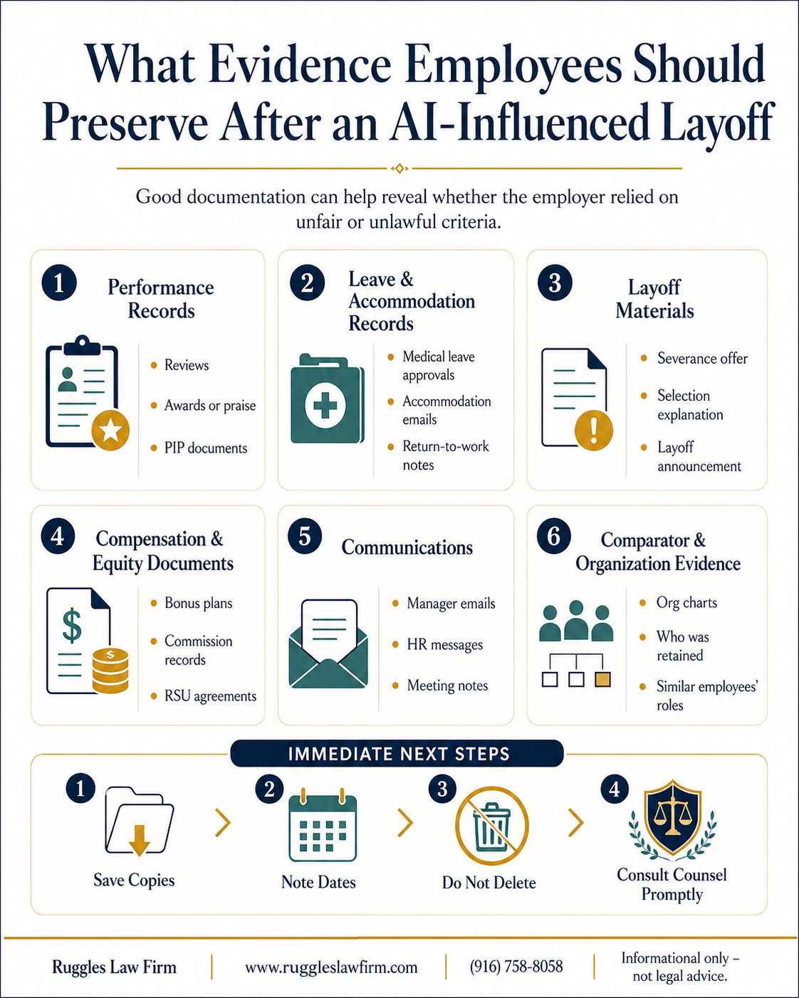 Infographic listing evidence California employees should preserve after an AI-influenced layoff, including performance records, leave and accommodation documents, layoff materials, compensation records, communications, and comparator evidence.