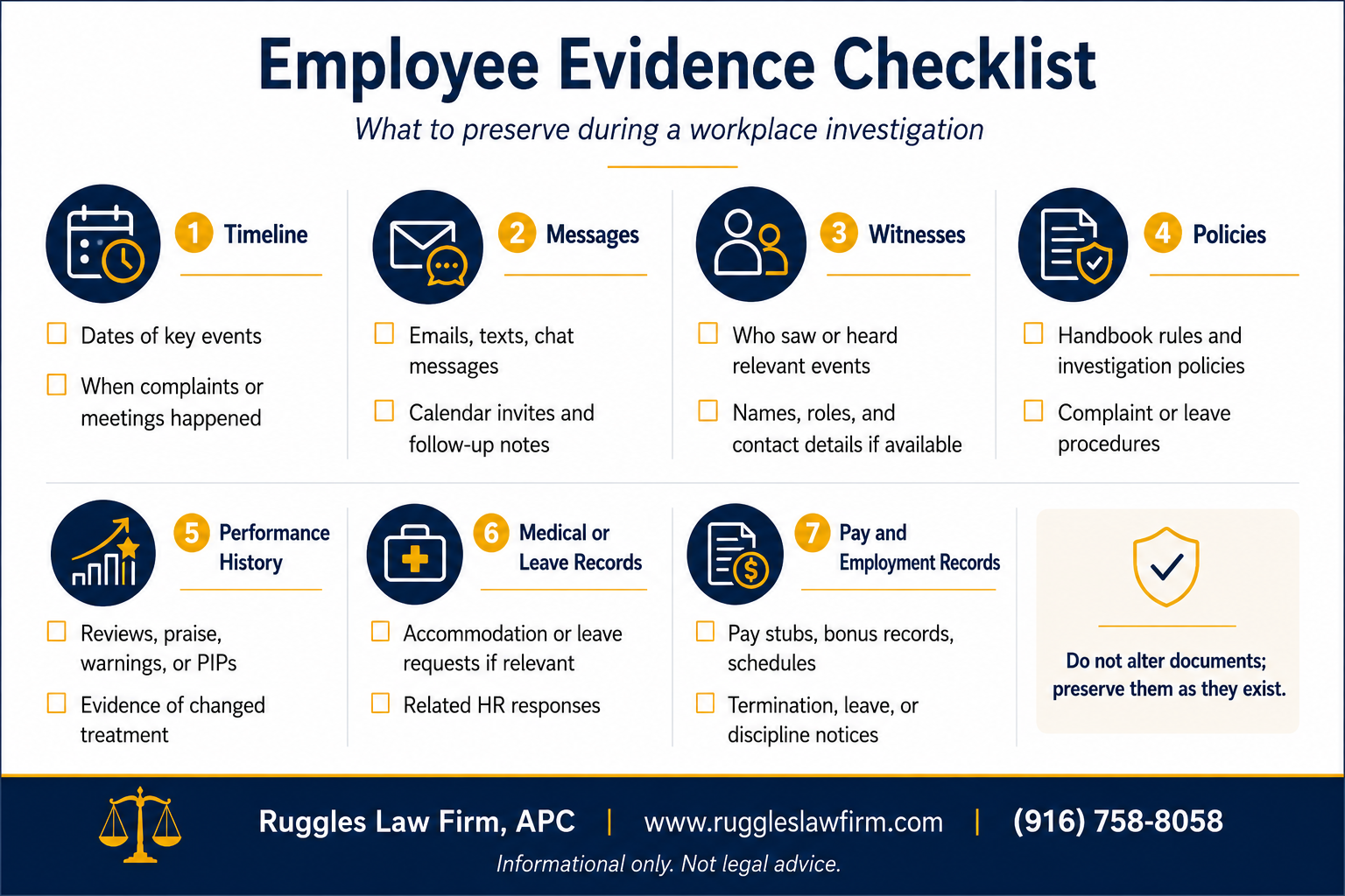 Infographic checklist of evidence California employees should preserve during a workplace investigation, including timelines, messages, witnesses, policies, performance history, leave records, and pay or employment documents.