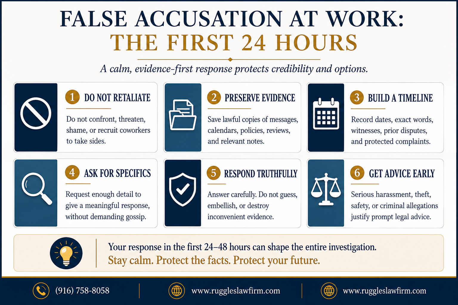Infographic titled “False Accusation at Work: The First 24 Hours” outlining six steps: do not retaliate, preserve evidence, build a timeline, ask for specifics, respond truthfully, and get advice early, with Ruggles Law Firm contact information at the bottom.