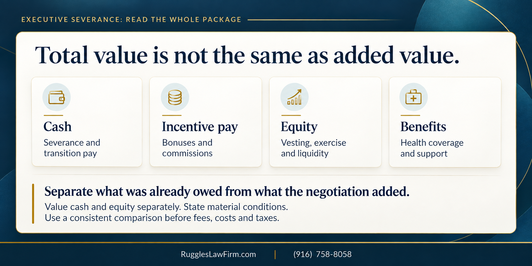 Total severance package value is not the same as added value, including cash, incentive pay, equity, and benefits.
