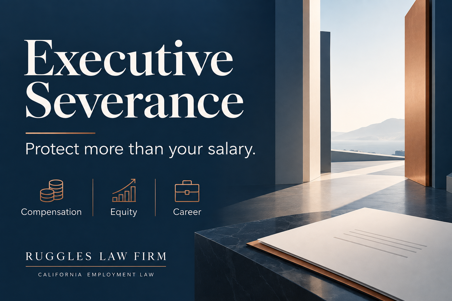 Ruggles Law Firm executive severance graphic showing compensation, equity, and career considerations.