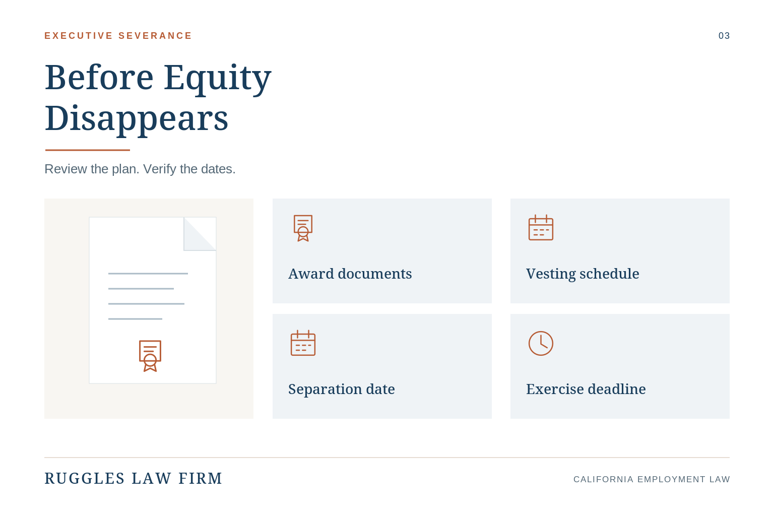 Four equity documents and dates to review: award documents, vesting schedule, separation date, and exercise deadline.