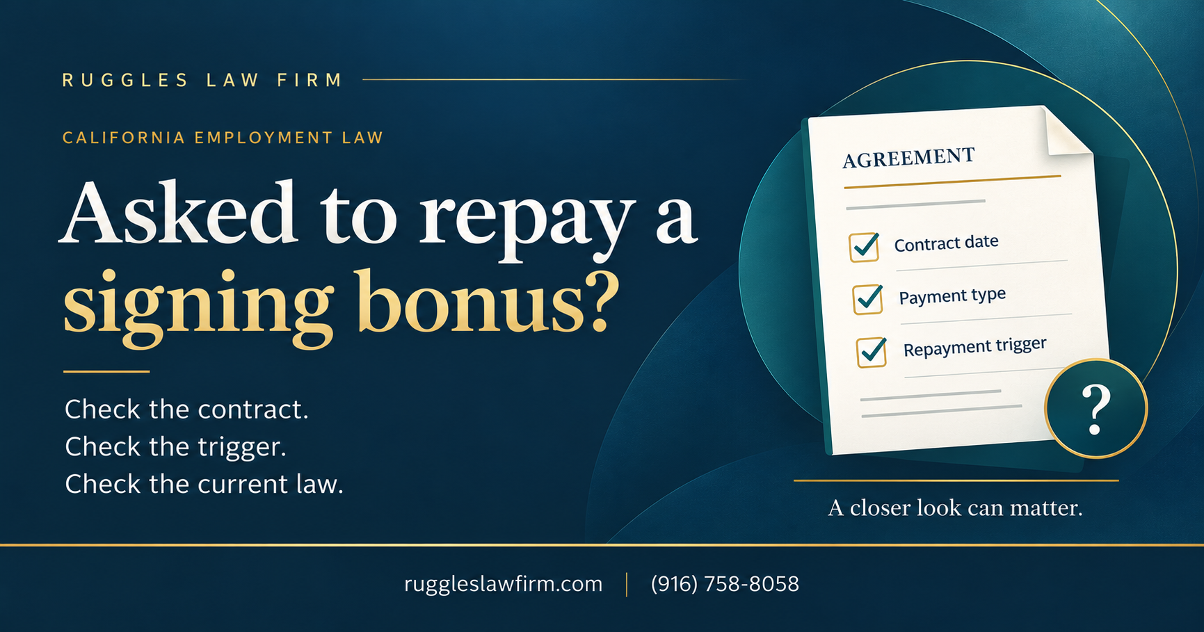 Asked to repay a signing bonus? Check the contract, the trigger and current law. A document lists contract date, payment type and repayment trigger.
