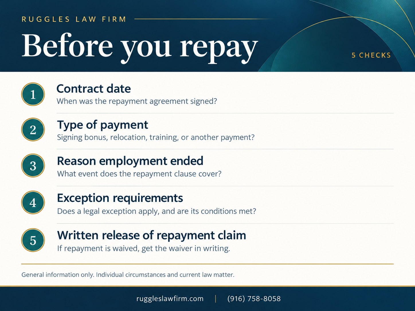 Before you repay: review the contract date, payment type, reason employment ended, legal-exception requirements and any written release of the claim.