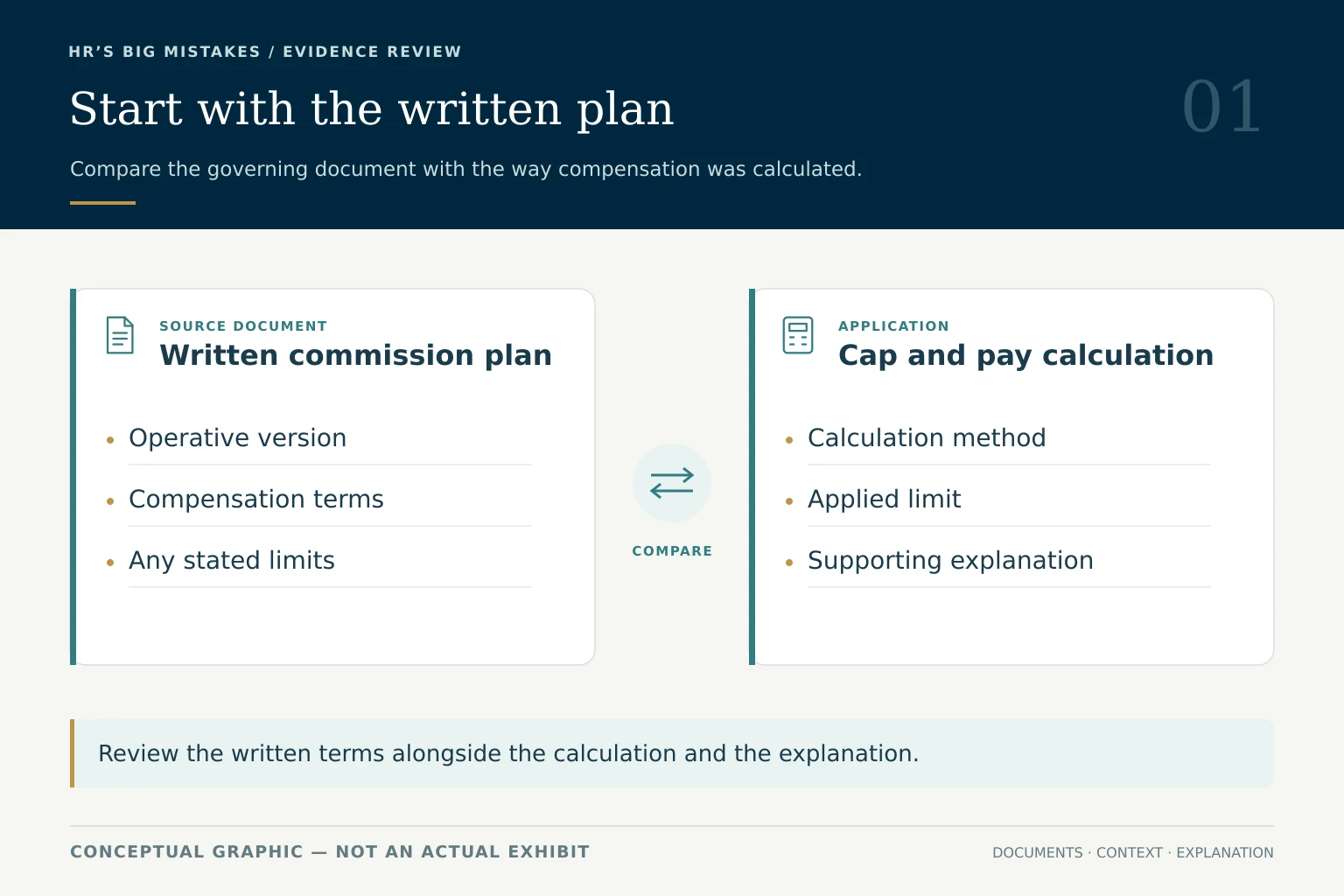 Conceptual comparison of a written commission plan with a cap and pay calculation.