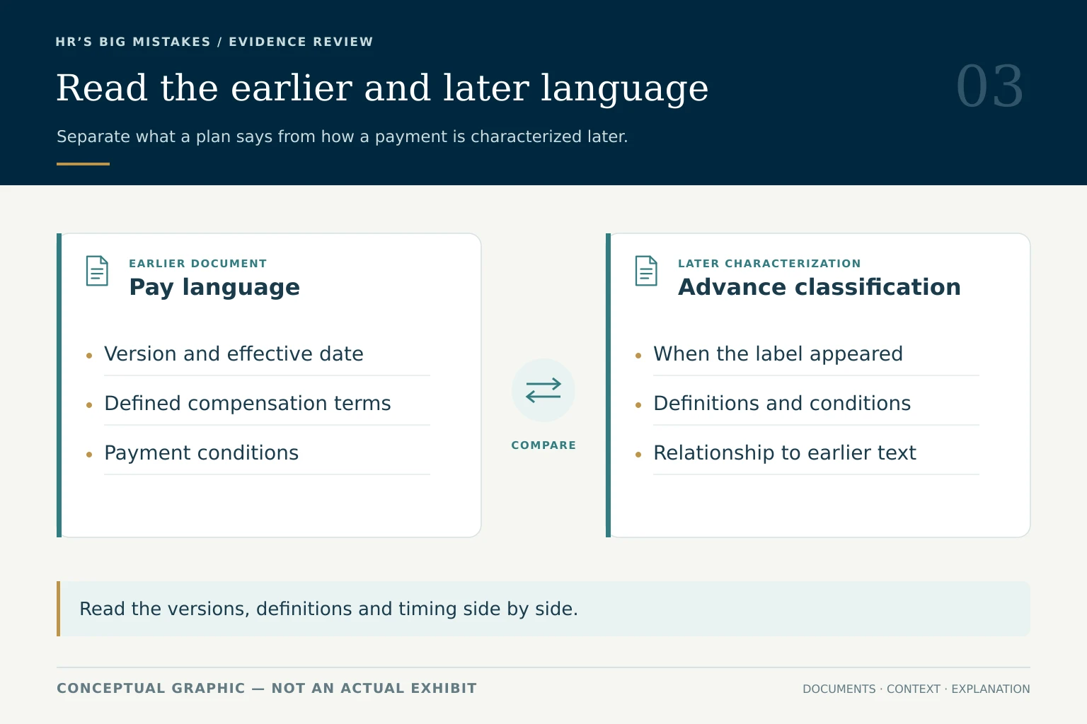 Conceptual comparison of earlier pay language and a later advance classification, focusing on versions, definitions and timing.