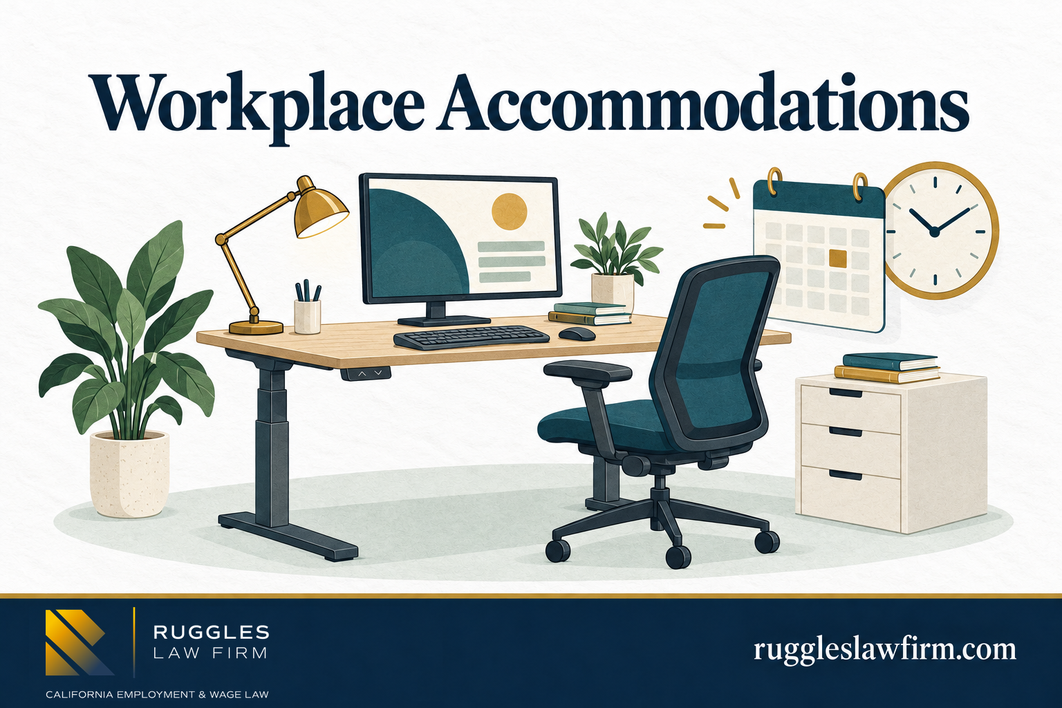 Workplace Accommodations Illustrated adjustable workstation with ergonomic chair, equipment and a flexible schedule.