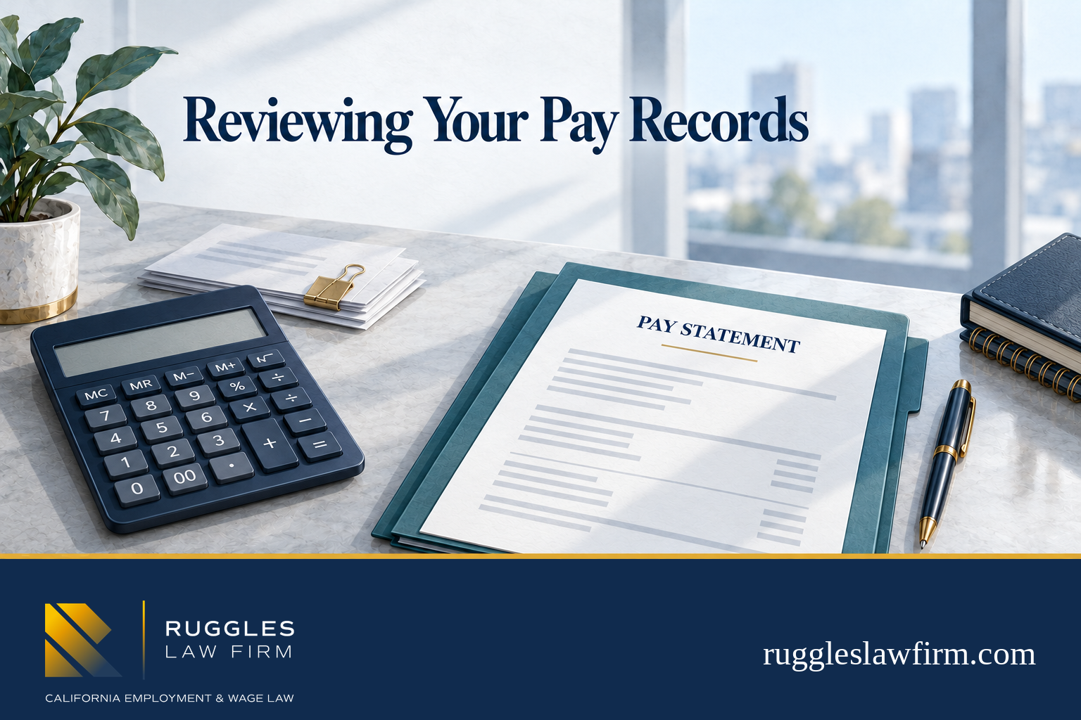 Illustration of pay statements and a calculator for reviewing pay records