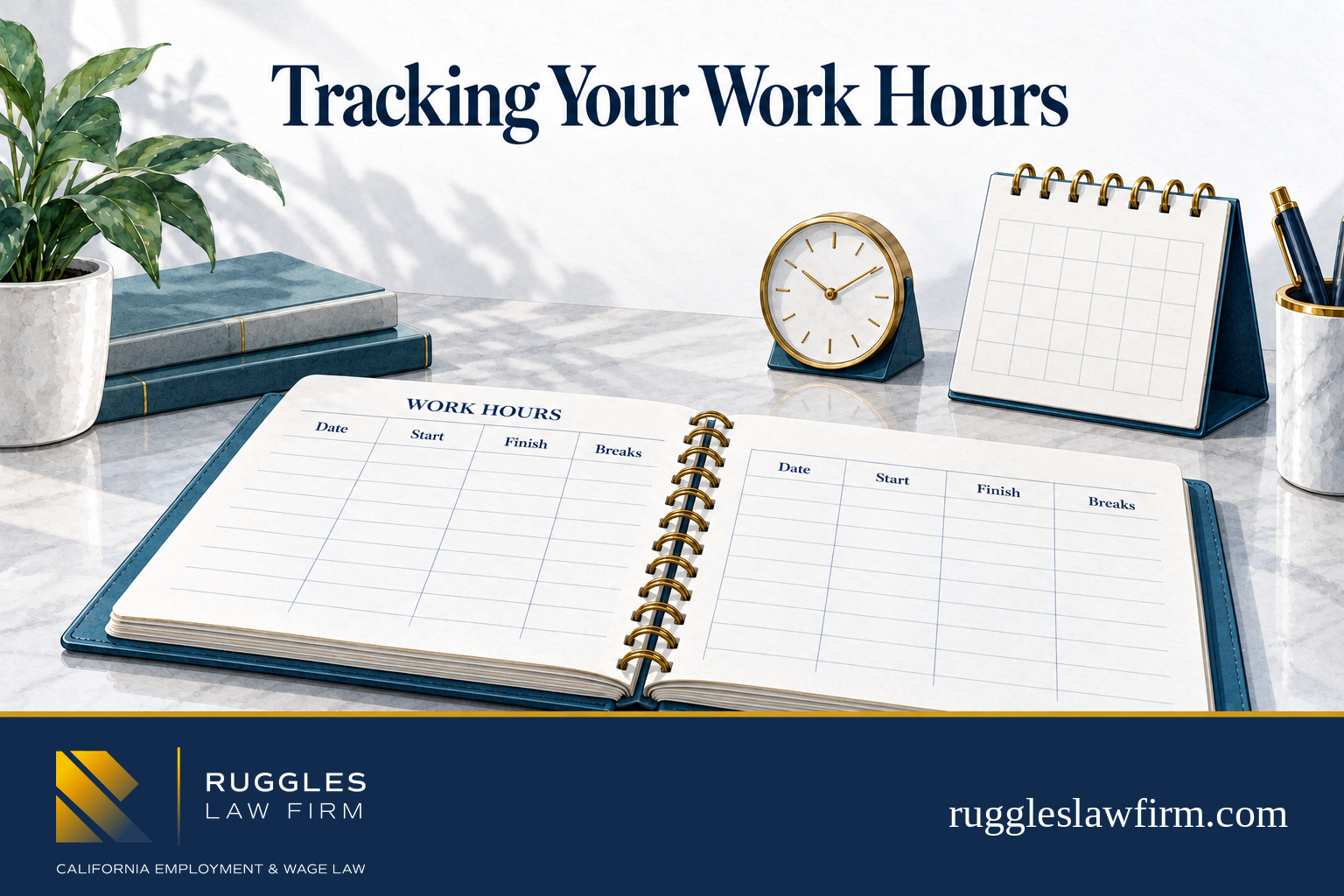 Illustration of a work-hours notebook, calendar, and clock for tracking time worked