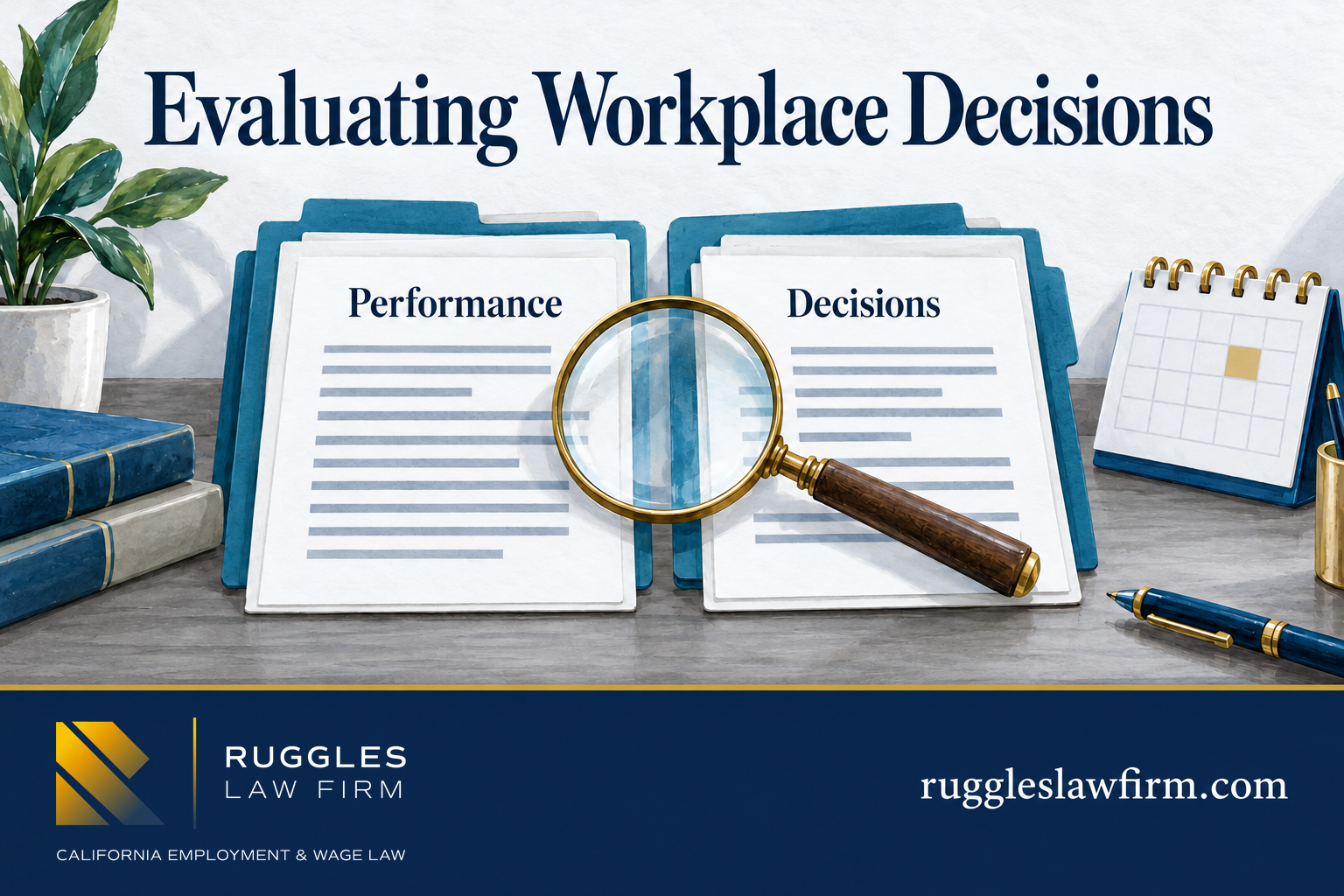 Illustrated performance and employment-decision records viewed through a magnifying glass.