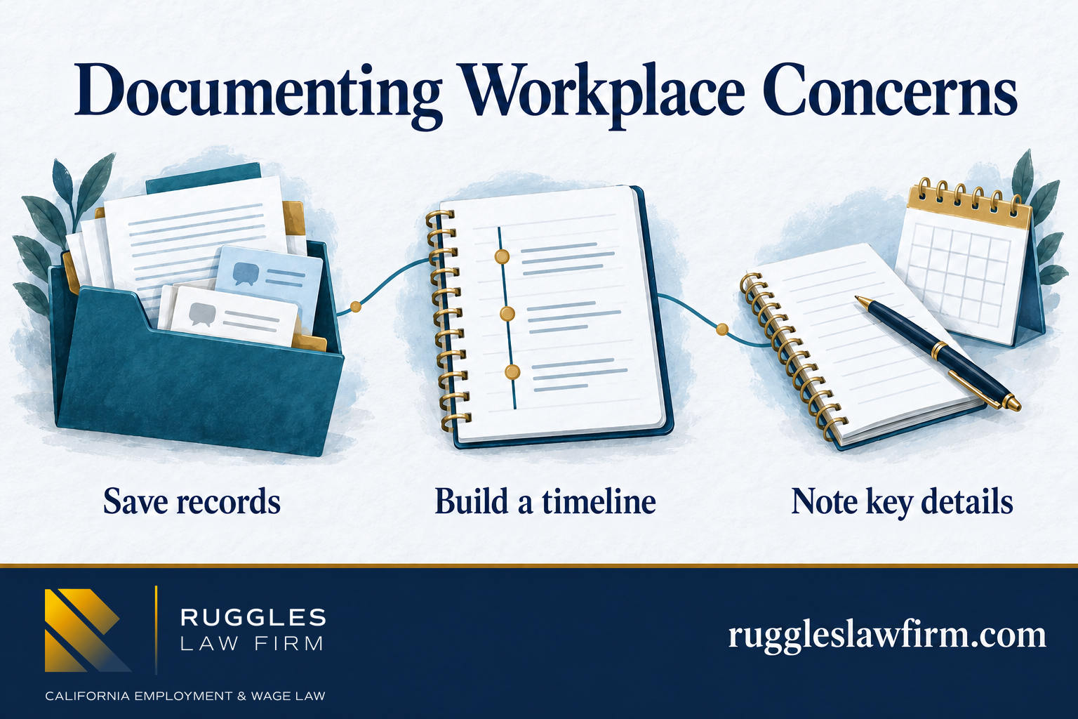 Illustrated folder of workplace records, a timeline notebook and a calendar, showing how to document workplace concerns.