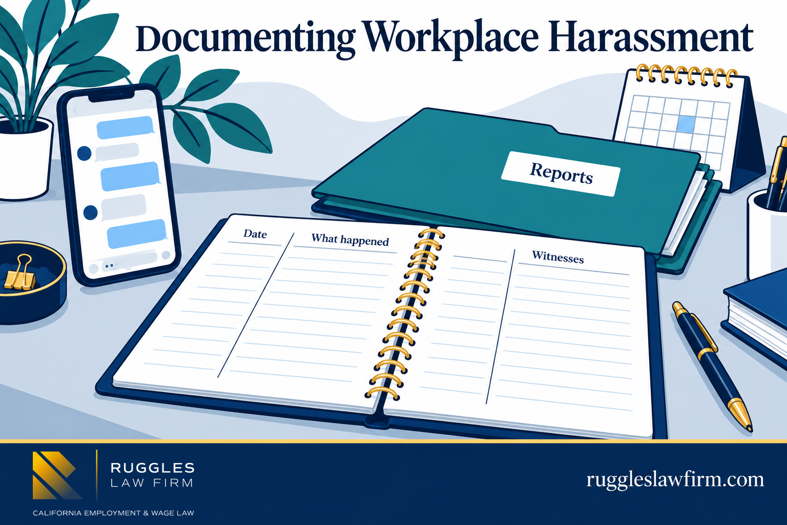 Documenting workplace harassment Incident journal, messages, reports, and calendar for documenting workplace harassment.