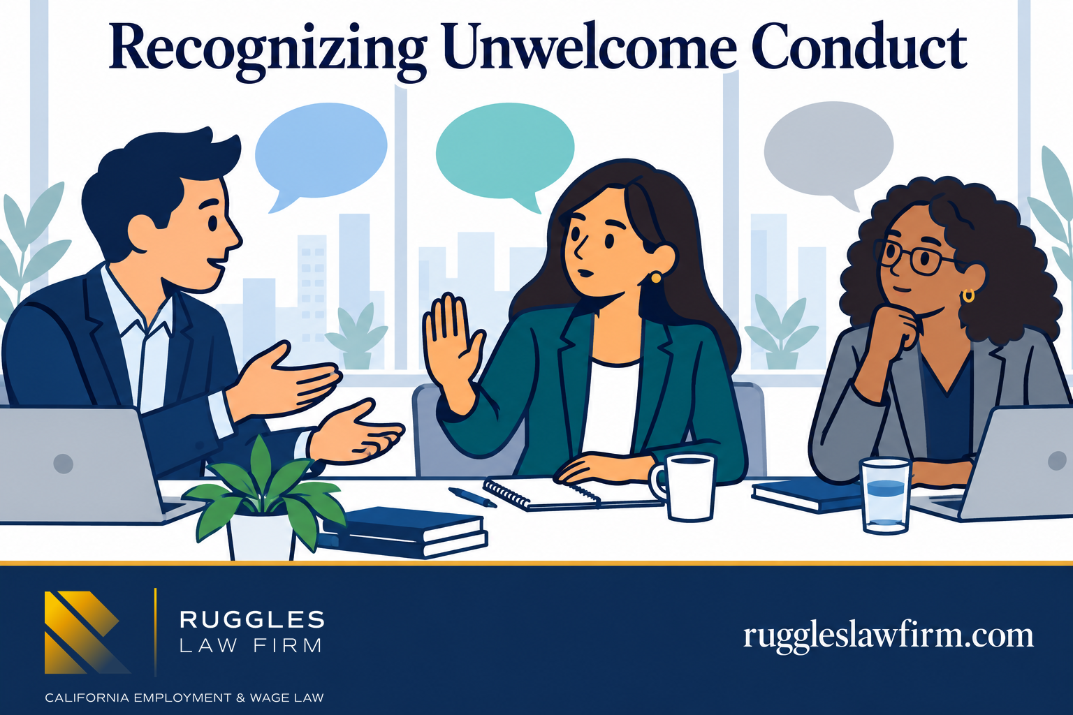 Recognizing unwelcome conduct Illustrated coworkers discussing boundaries and unwelcome conduct in a workplace meeting.