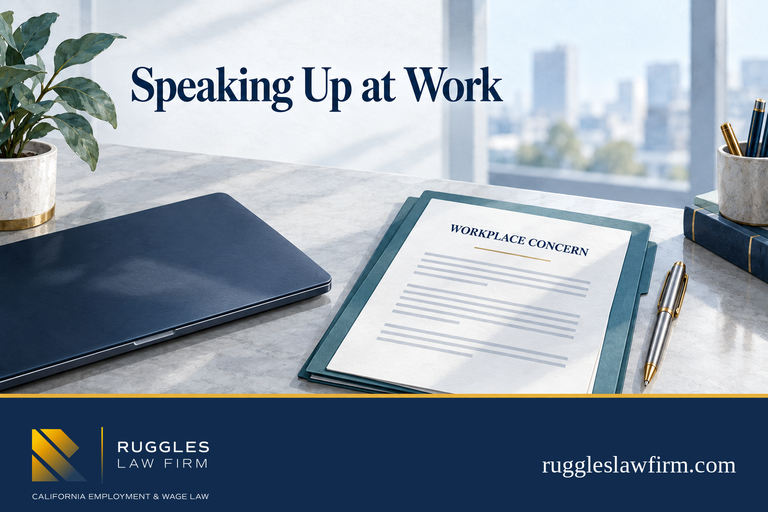 Illustrated workplace concern letter, folder, and laptop on a desk.