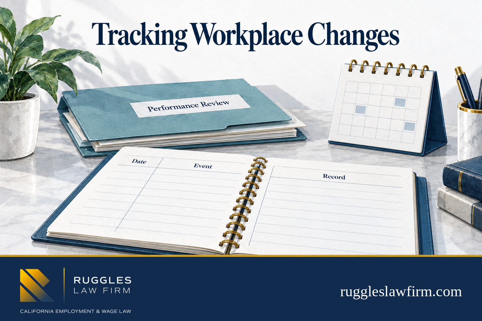 Illustrated incident journal, performance-review folder, and calendar for tracking workplace changes.