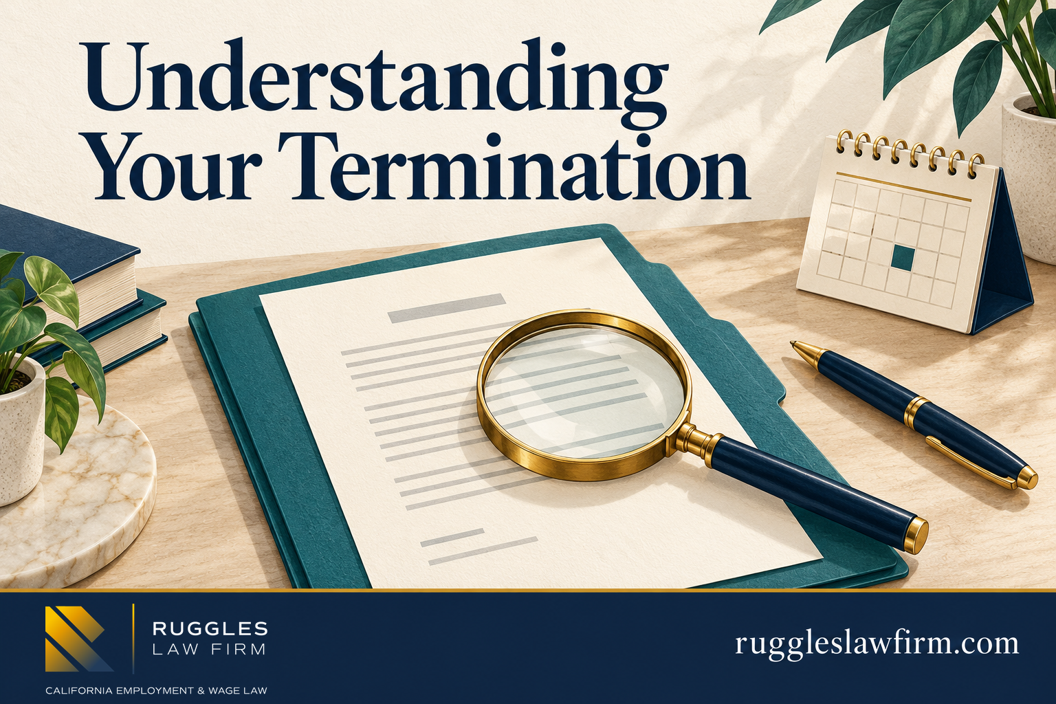 Understanding a Termination Illustration of a termination letter, document folder, magnifying glass, and calendar.